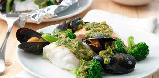 recipe image Mixed Fish Parcels with Broccoli and Basil Topping Recipe