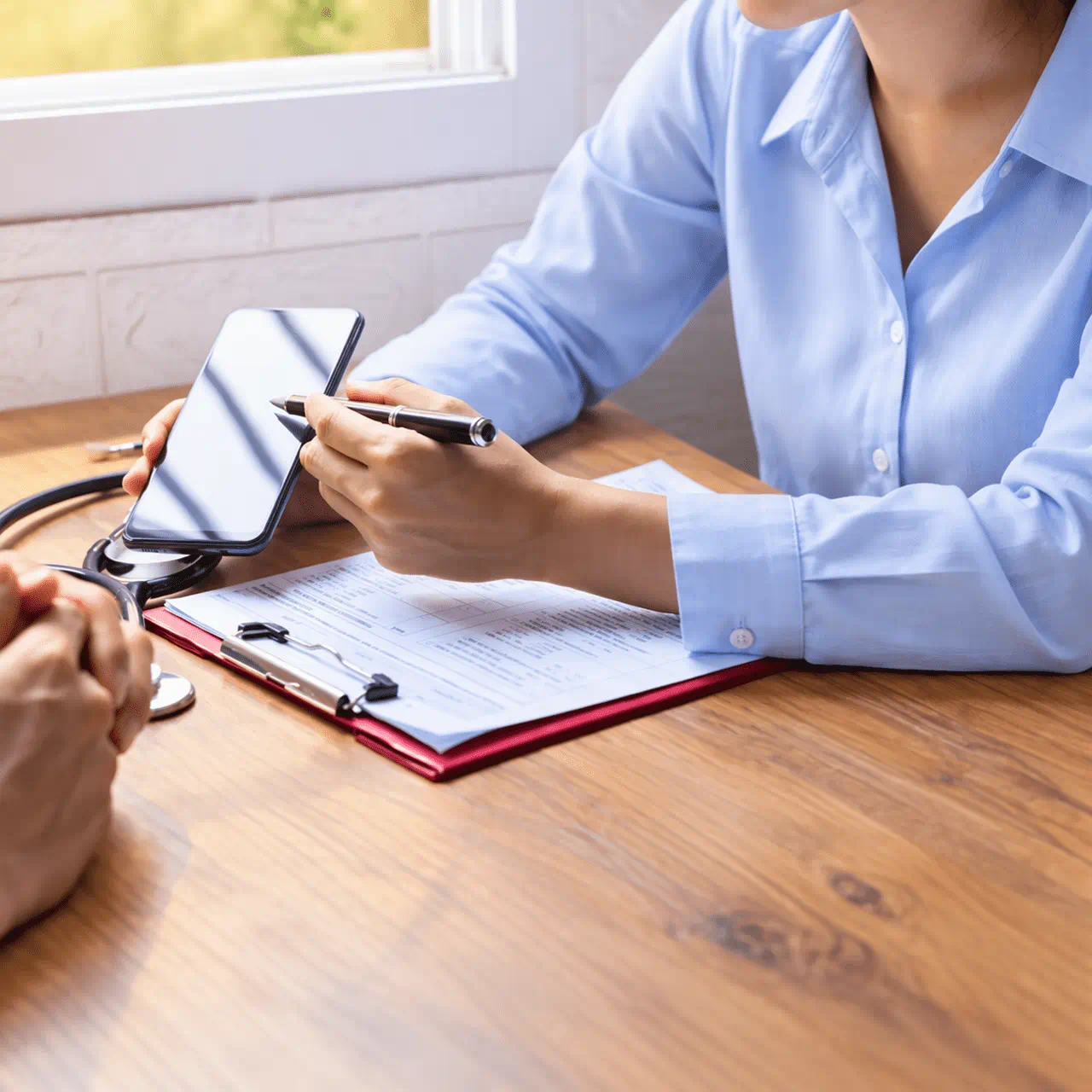 Doctor showing patient test results on phone pointing with pencil