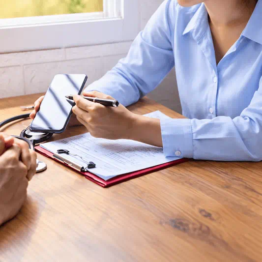 Doctor showing patient test results on phone pointing with pencil