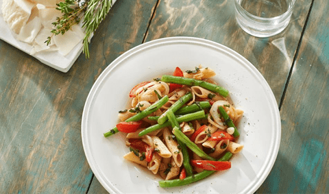 recipe image Volkorenpasta met gegrilde sperziebonen