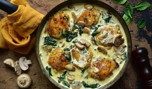 recipe image Stoofpotje met kip, spinazie en champignons